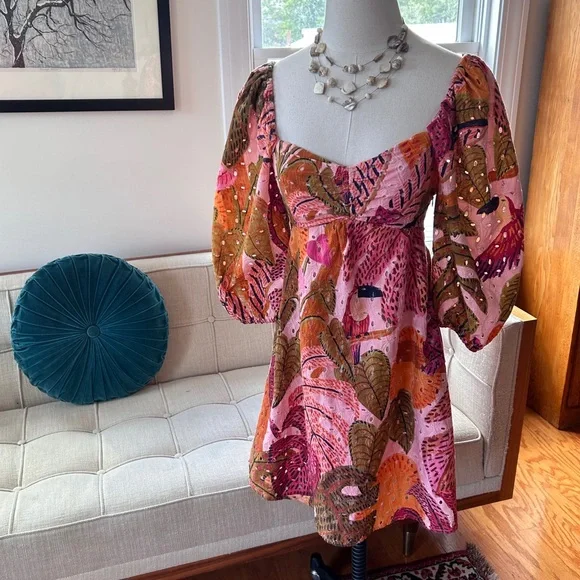 Anthropologie Kourt “Robbie” Cotton Eyelet Mini Dress, Tropical Palm Print - Picture 5 of 12